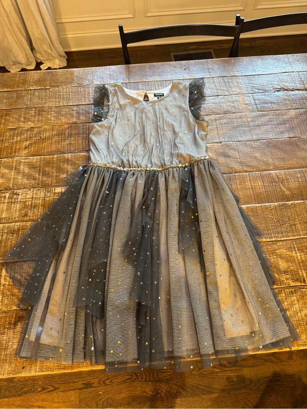 Zunie Gray Tulle Dress with Gold Star and Moon Accents